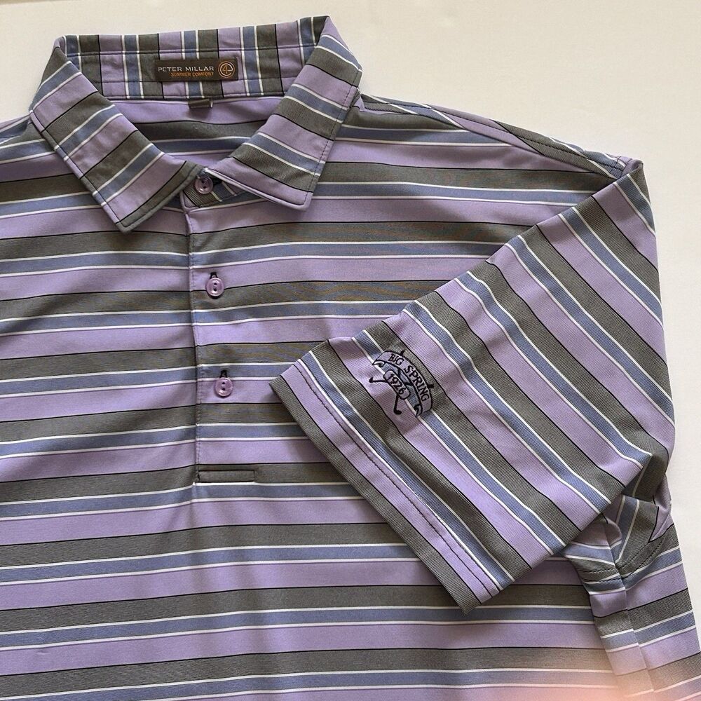 Peter Millar‎ Summer Comfort Striped Polo Shirt Mens L Purple Gray Golf Summer